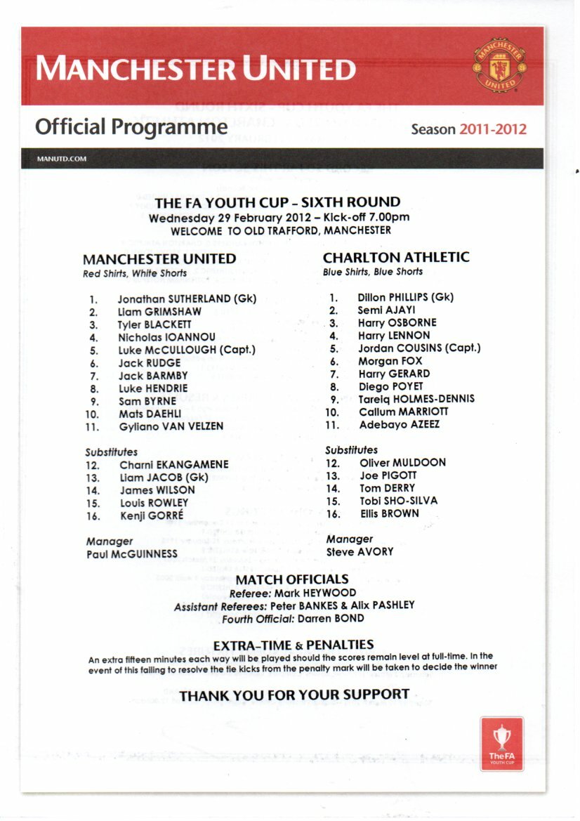 Team Sheet Manchester United v Charlton Athletic FA Youth Cup 29.2.2012 eBay
