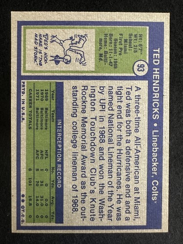 1972 Topps Ted Hendricks (#93) NM HOFer, Rookie Card, SB Champ ^GRUMPYBUCK^ - Picture 2 of 2