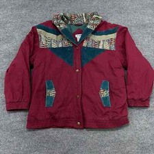 Vintage Canvas Jacket Womens Xl Red Teal Corduroy Tapestry Aztec Shawl Loop Vtg