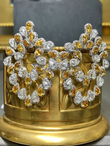 Estate 14K Pear Round Diamond Orange Sapphire Large Omega Earrings 19.80cttw - Picture 1 of 11