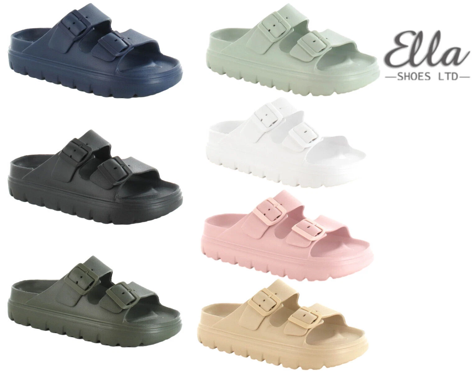 Ella Double Chunky Double Buckle Flatform Sliders Summer Beach Holiday Sandals