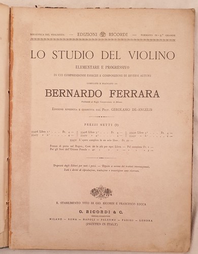 BERNARDO FERRARA LO STUDIO DEL VIOLINO RICORDI RIVEDUTA GEROLAMO DE ANGELIS 1800