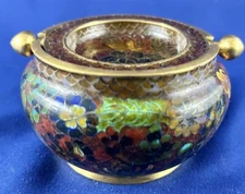 Vintage Chinese Cloisonne 2 Piece Flip Top Ashtray, Incense Burner, Trinket Jar