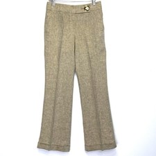 Tory Burch Beige Wide Leg Pants 100% Linen Sz 2 Logo Button Summer Luxury Y2K
