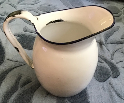 VTG. LG Mfg. Co. 5'' White Enamel Water Pitcher with royal blue trim