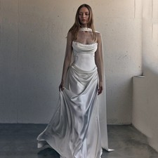Cowl Neck Satin Wedding Dresses Strapless Draped Waist With Long Cape Sash Gowns