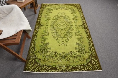 Turkish Vintage Rug 3,7x6,8 ft (113x206 cm), Green Brown Oriental Rug