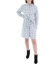 Calvin Klein Womens Tie Front Plaid Shirt Dress, blue, 6