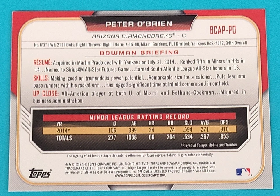 2015  Bowman Chrome Prospect Autograph #BCAP-PO Peter O'Brien Baseball Card O4 - Image 2 of 2