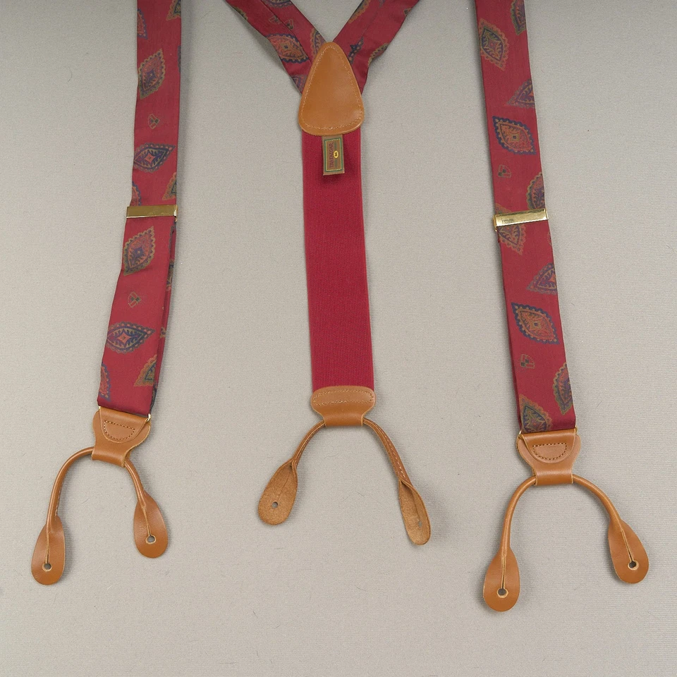 Trafalgar 真丝吊带红色佩斯利图案棕色皮革纽扣风格 — 第 3/4 张图片