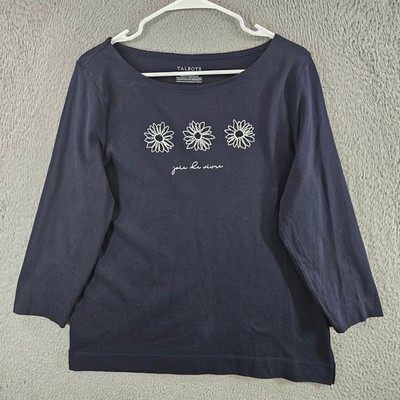 Talbots Womens Navy Blue Joie De Vivre Daisy Embroidered Cotton Top Large L