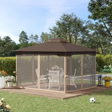 10' x 12' Patio Gazebo Outdoor Canopy Shelter w/ 2 Tier Roof, Brown