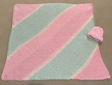 NEW hand knit SOFT Pink white green Baby blanket, 28 x 29  Bonus knit cap