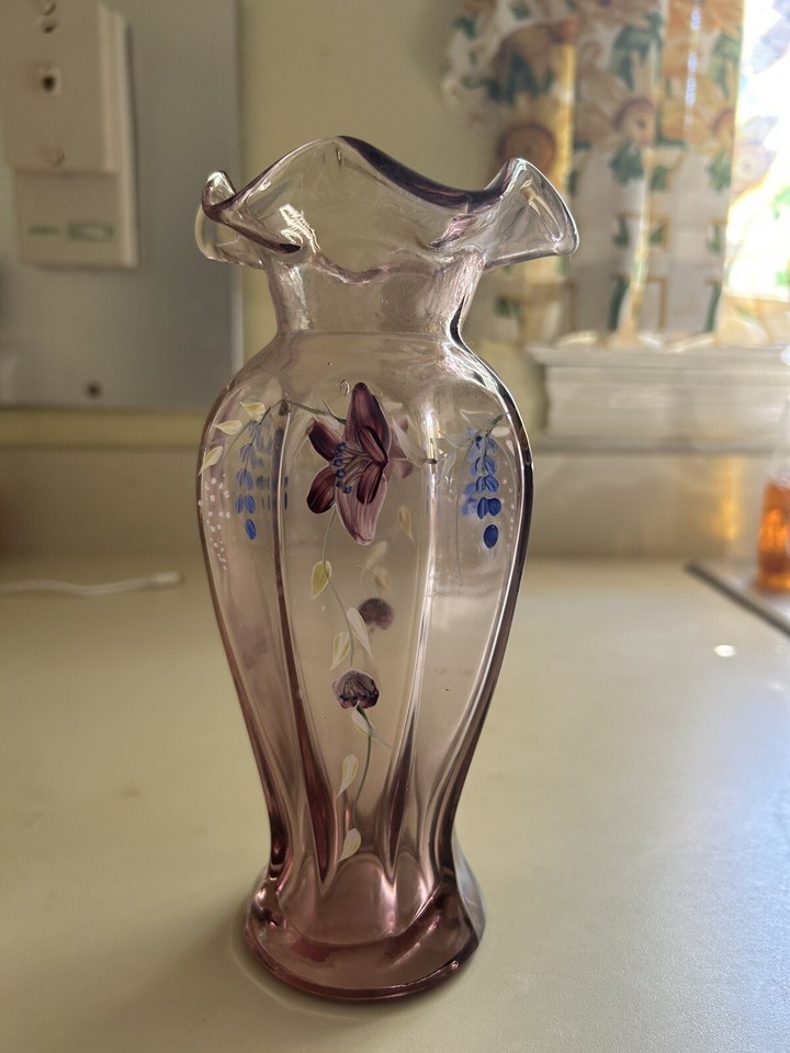 Fenton Purple Iridescent Hand Painted Flower Glass Vase. eBay