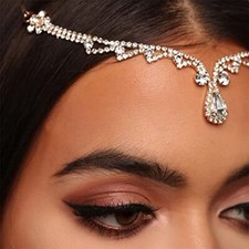 Women Bridal Rhinestone Gold Forehead Head Chain Clip Headband Boho Crystal