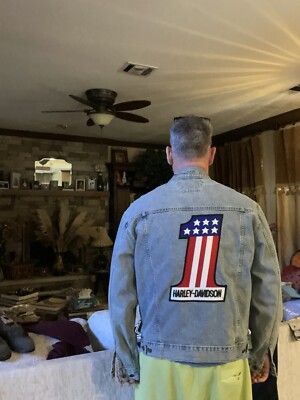 Harley Davidson Denim Jean Motorcycle Jacket Number One Patch Size