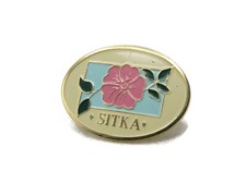 Sitka Lettered Pin Pink Flower & Gold Tone