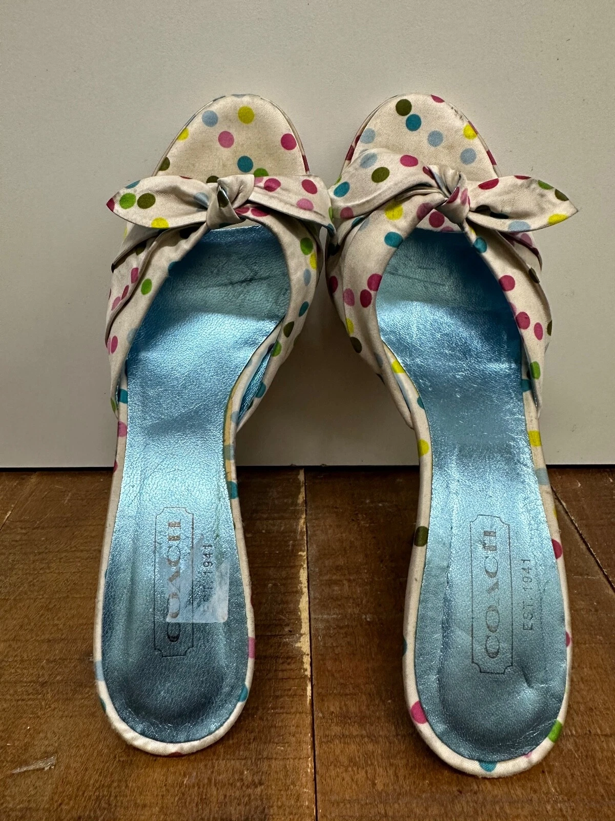 COACH donna taglia 6 5 B bianco raso multicolore pois tacco fiocco accenti