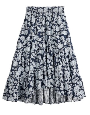 NWT LC LAUREN CONRAD S NAVY FLORAL HI-LOW TIERED BOHO PEASANT MIDI RUFFLE SKIRT