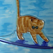 Cat hand painted ceramic art tile coaster 4 x 4 inches with back