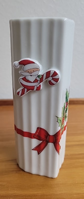 Vtg Santa Claus Vase Heart Shaped Ribbed Japan Candy Cane Christmas Holly 6''
