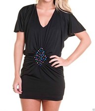 Womens Forever Unique Black Beaded Tunic Mini Jersey Dress Size 8 10 12 Ladies