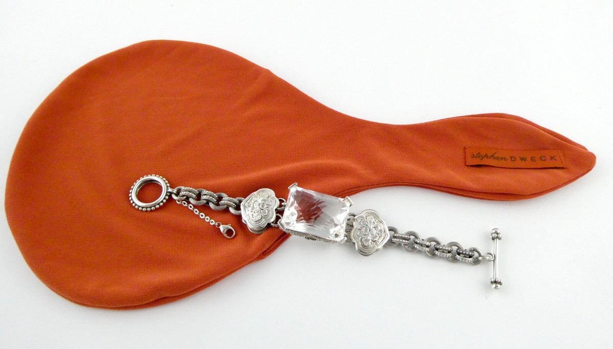 Stephen Dweck Sterling Silver Ornate Faceted Rock Crystal Quartz Bracelet  In