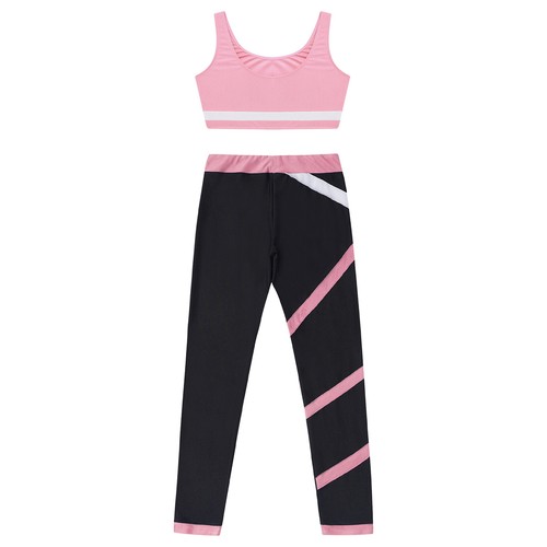 Kids Girls Dancewear Workout Activewear Contrast Color Sportswear Skating Set - Picture 42 of 48