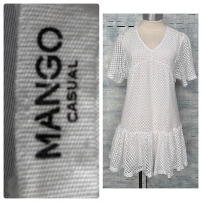 MANGO CASUAL Mini XS White Crochet Lace Flutter Sleeve Tiered Hem