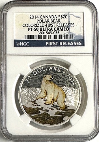 2014 Canada $20 1oz Fine Silver Polar Bear Colorized FR NGC PF 69 Ultra Cameo - Picture 1 of 2
