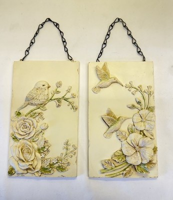 Vtg 3D Wall Plaques Art Floral Hummingbird & Sparrow W/ Chain To Hang 6.5  Tall