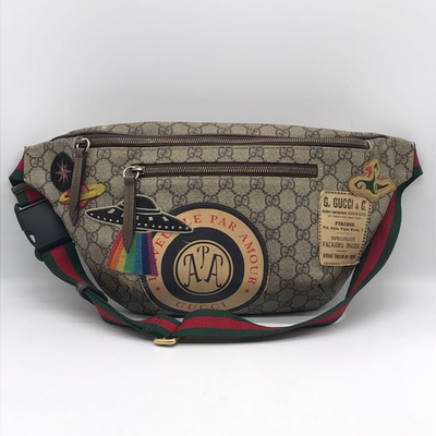 GUCCI GG Supreme Courier Belt Bag Crossbody Brown Canvas Web Strap