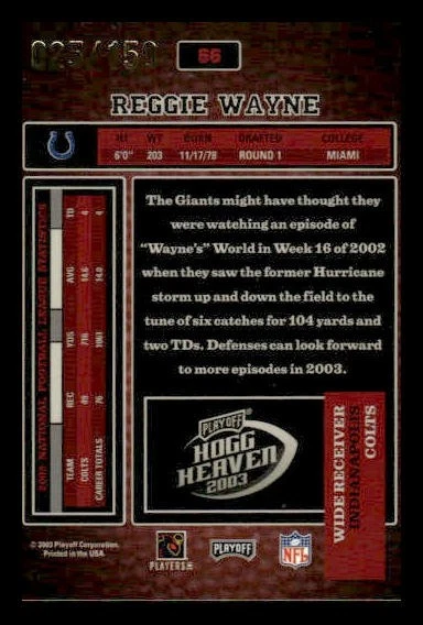 2003 Playoff Hogg Heaven #66 Reggie Wayne /150 Hogg Wild Colts - Image 2 of 2