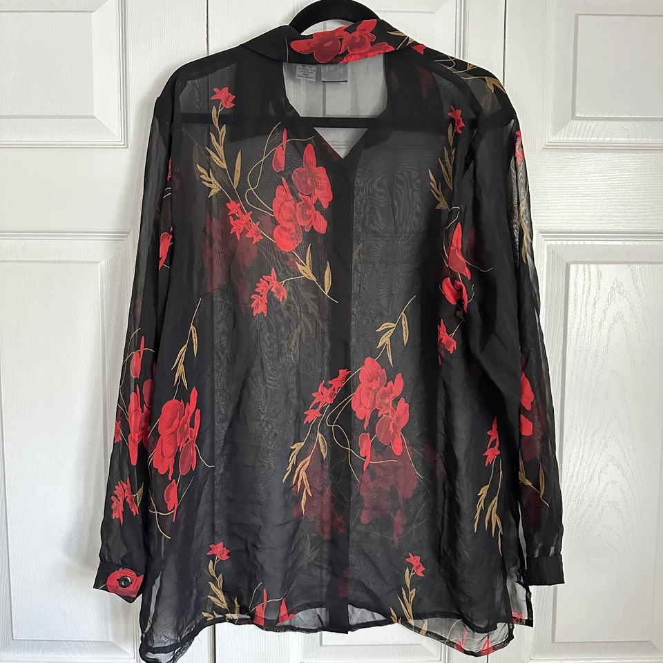 Camisa Colección JM Mujer 1X Negra Roja Floral Transparente Manga Larga Top Capricho Foto 2 de 4