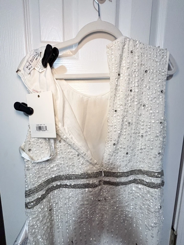 NWT MAC DUGGAL SZ 16 White Elegant vertical-sequined sleeveless midi #10509 - Image 4 of 4