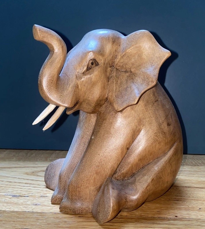 Hand Carved Sitting Elephant Suar Wood Finish G6 Collection App 6” Tall
