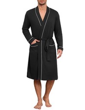 Mens Lightweight Knit V Neck Knee Length Kimono Robe w/Pockets Large Black
