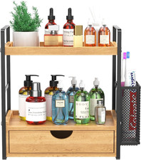 Bathroom Counter Organizer with Drawer and Basket,Wood Countertop Organizer for