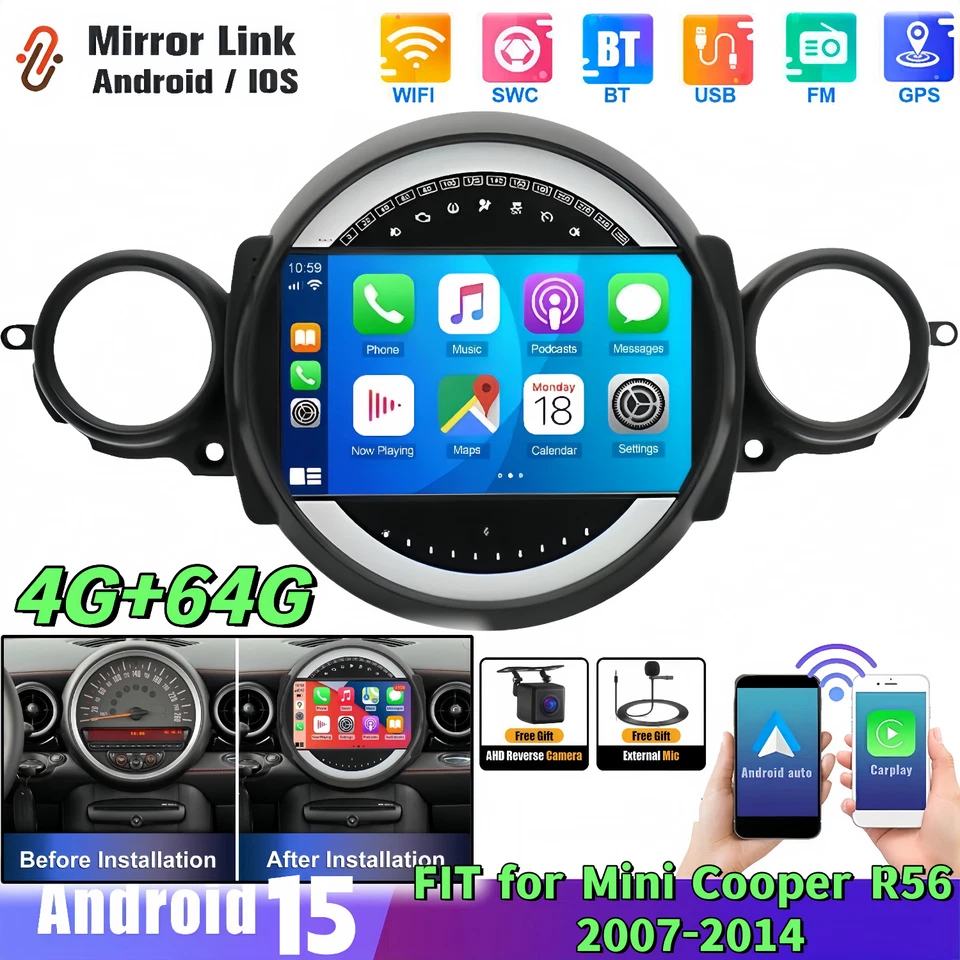 For BMW Mini Cooper R56 2007-14 CarPlay Car Radio Sat Nav Stereo Android 4+64GB - Image 2 of 4