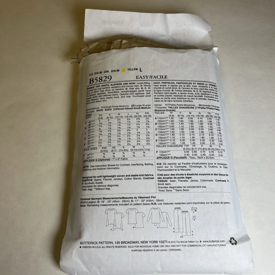 Butterick 5829 Misses' Pajamas Sleepwear Top Pant Sewing Pattern Size L-XL-XXL - Image 2 of 2