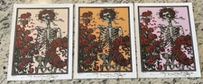 3 BLOTTER ART SIGNED BY STANLEY  MOUSE TANGERINE, PEACH & LILAC SKELETON &ROSES