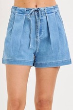 Risen Sweet Magnolia Pleated Drawstring Denim Shorts Blue
