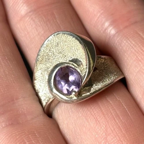 VTG Sterling Silver 925 Amethyst Ring Diamond Cut Finish Swirl Spiral Design SZ