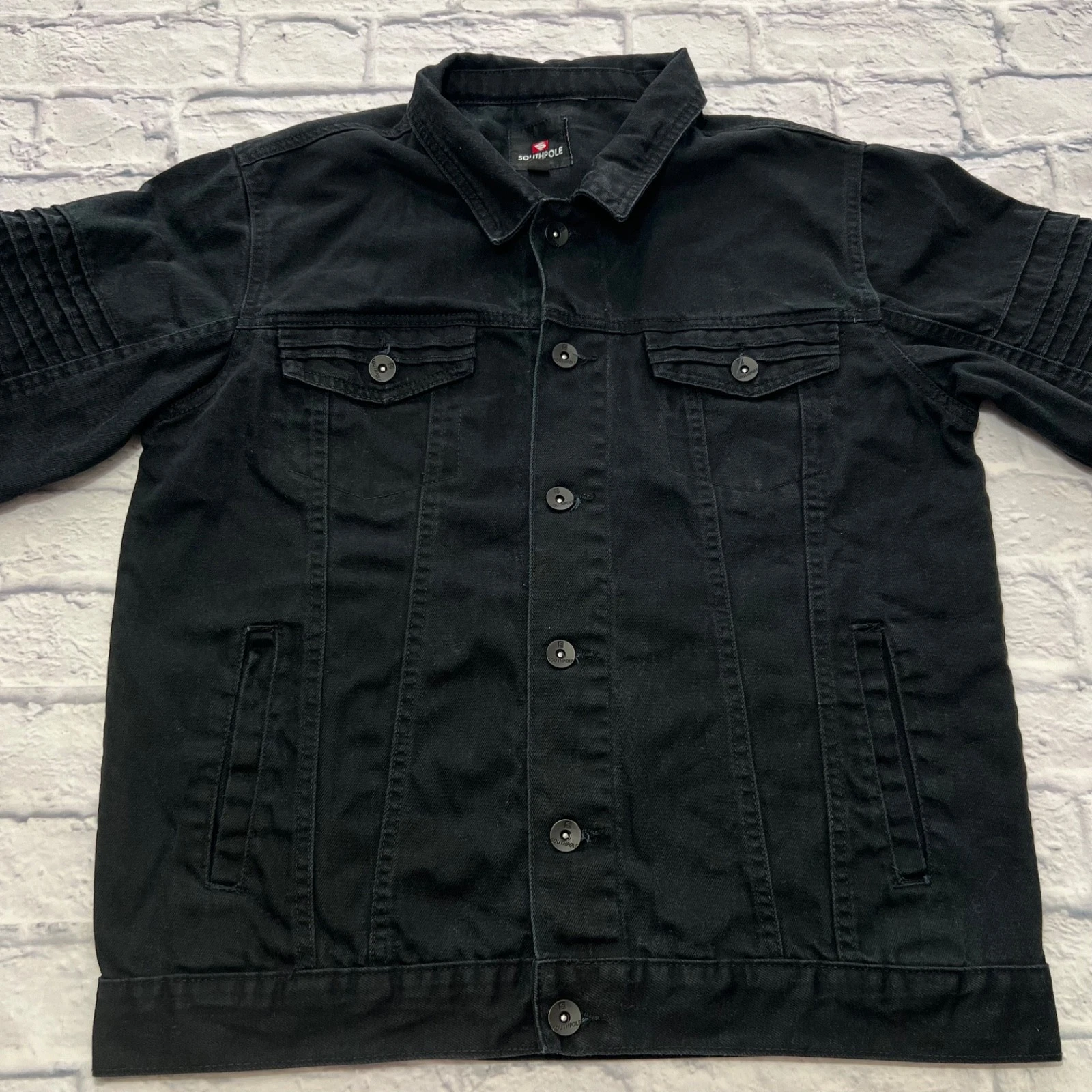 Southpole Men's Denim Jacket XL Black Button Up Pockets Patch