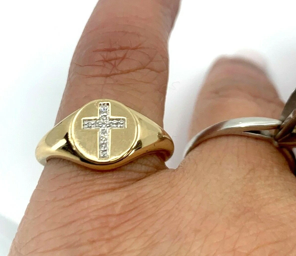 Ema 14K Solid Yellow Gold Signet Pinky Diamond Cross Ring Sz 5 Sizable