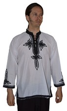 Moroccan Men Tunic Shirt Cafan Casual Handmade Embroidered Cotton MED/LG White