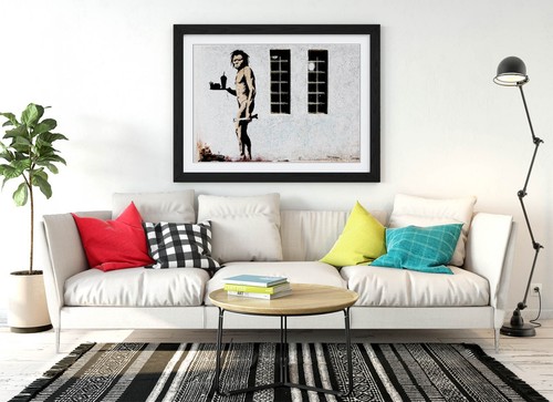 BANKSY CAVEMAN MIT FASTFOOD GRAFFITI - GERAHMTER WANDKUNST POSTER PAPIERDRUCK - Bild 4 von 11