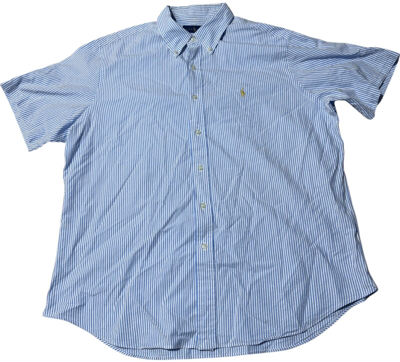 Ralph Lauren Camicia Uomo XL Blu Rigato Classico Pony Logo Manica Corta Bottone U