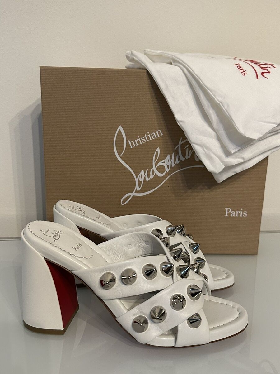 CHRISTIAN LOUBOUTIN White Spika Club Block Heel Mule Sandals CHRISTIAN LOUBOUTIN White Spika Club Block Heel Mule Sandals