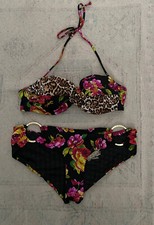 Victoria  s Secret 2pc Bikini Cheetah Floral Halter Top 32B Cheeky Bottoms Sz S